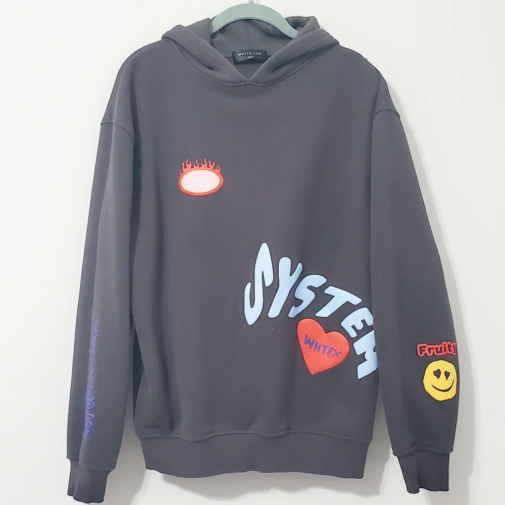 White Fox Boutique Graphic Oversized Hoodie Charcoal Women Medium - Picture 2 of 11